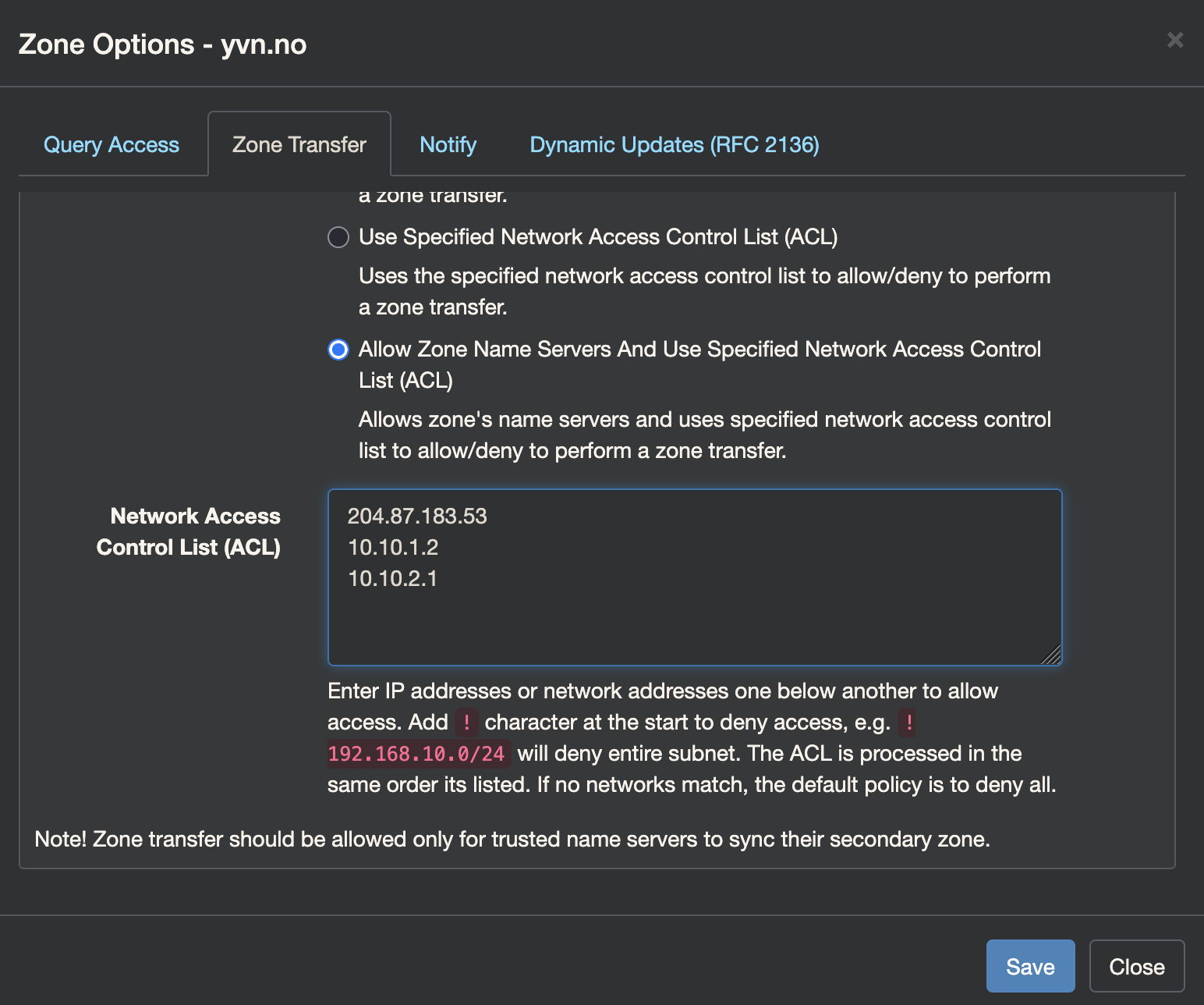 technitium zone transfer settings